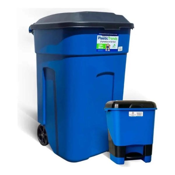 Combo Bote de Basura 135 Litros con Tapa y Ruedas + Cesto Papelero con Pedal, Plastic Trends Azul