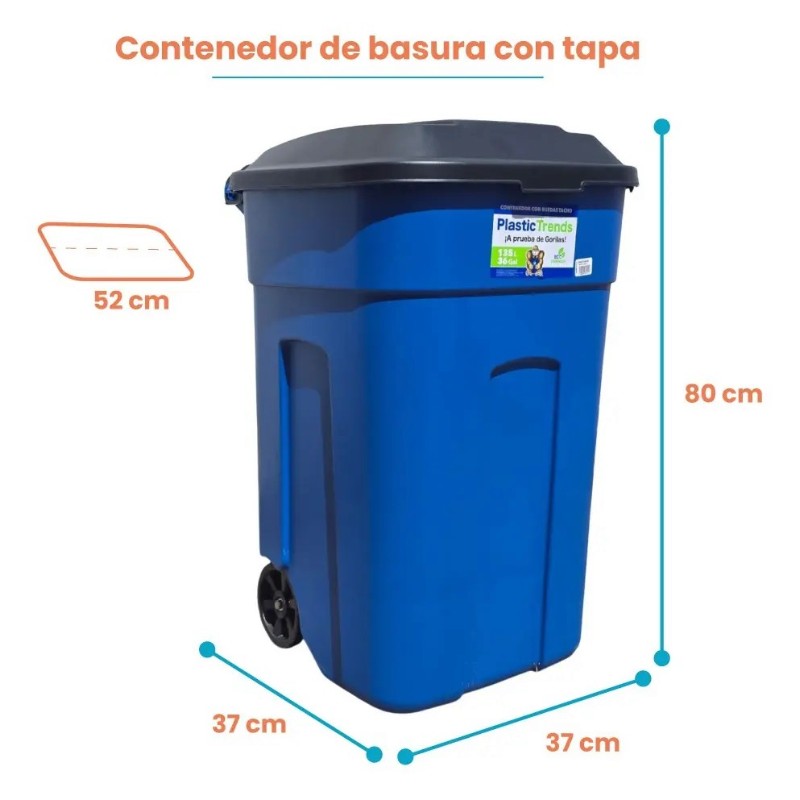 Combo Bote de Basura 135 Litros con Tapa y Ruedas + Cesto Papelero con Pedal, Plastic Trends Azul - Imagen 3