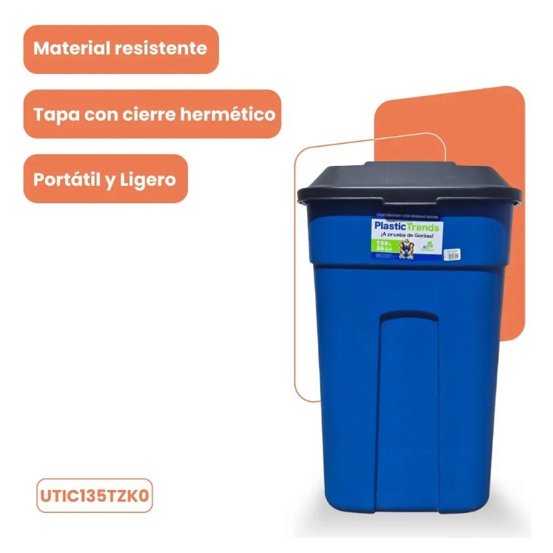 Combo Bote de Basura 135 Litros con Tapa y Ruedas + Cesto Papelero con Pedal, Plastic Trends Azul - Imagen 6