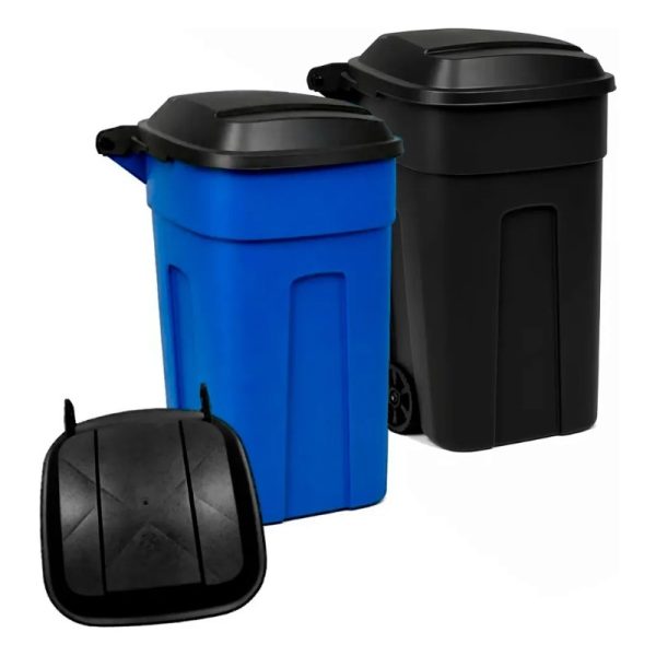Combo 2 Botes de Basura 135L con Tapa y Ruedas, Azul y Negro + Tapa de Repuesto
